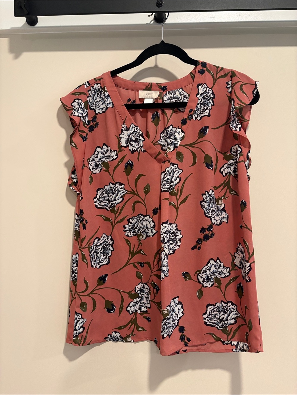 LOFT Coral-Pink Floral V-Neck Flutter Sleeve Top